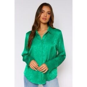 12th Tribe Emerald Green Jacquard Button Down Blouse S